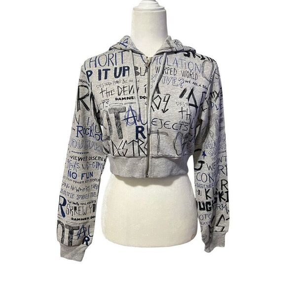 MOSCHINO COUTURE New w Tags Small Womens Gray Wordy Crop Zip Hoodie Sweatshirt B - Picture 1 of 15